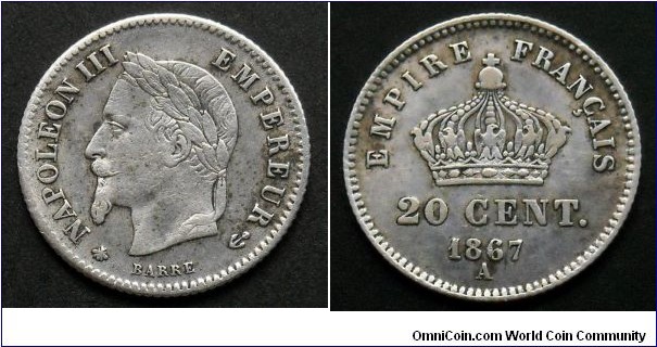 France 20 centimes.
1867, Napoleon III.
Mintmark A - Paris.
Ag 835.