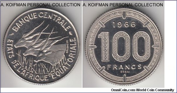 KM-E6, 1966 Equatorial African States 100 francs; essai, nickel, reeded edge; struck double thickness originally, proof like toned, mintage unknown.