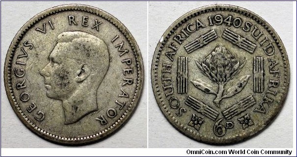 South Africa, 1940 6 Pence, KM#27.