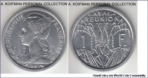 KM-6.1, 1964 Reunion franc, Paris mint; aluminum, plain edge; common but nice issue, light toning over brilliant surfaces.