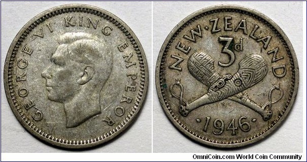 New Zealand, 1946 3 Pence, KM#7.