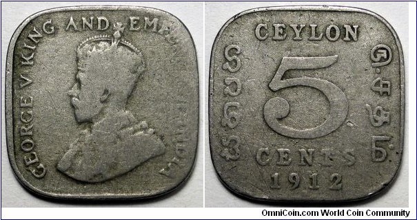 Ceylon, 1912-H 5 Cents, KM#108.