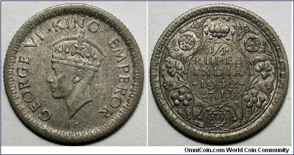 British India, 1942 ¼ Rupee, KM#546.