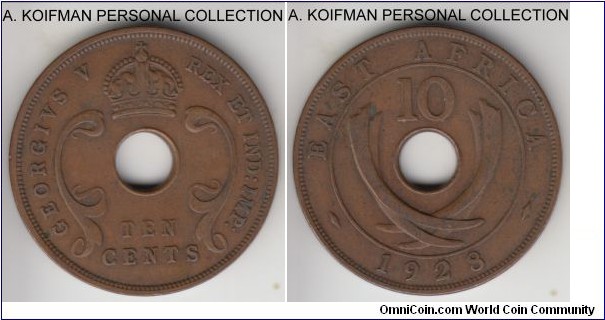 KM-19, 1928 East Africa 10 cents; plain edge, bronze; average circulated, fine to about very fine.