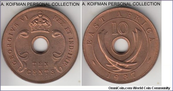 KM-26.1, 1937 East Africa 10 cents, Royal Mint (no mint mark); bronze, plain edge; first year of the type, common, red uncirculated (except for the fingerprint).