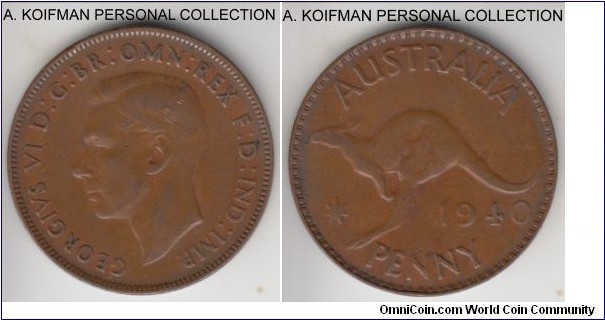 KM-36, 1940 Australia penny, Perth mint (KG on reverse); bronze, plain edge; good fine or so.