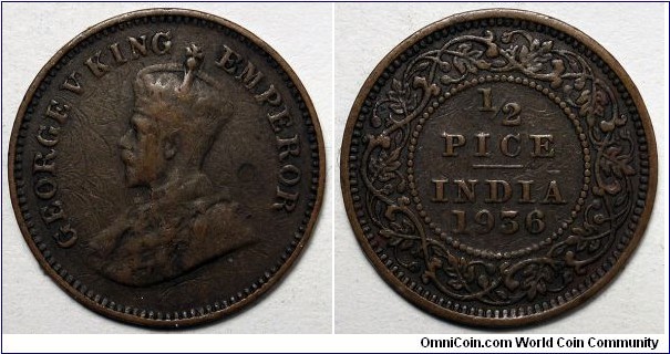 British India, 1936 1/2 Pice, KM#510.