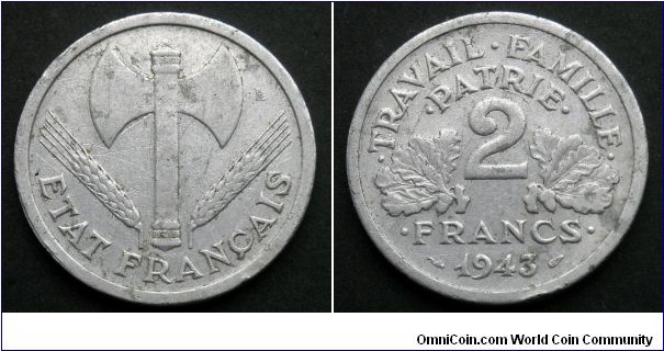 France 2 francs.
1943, Government of Vichy.