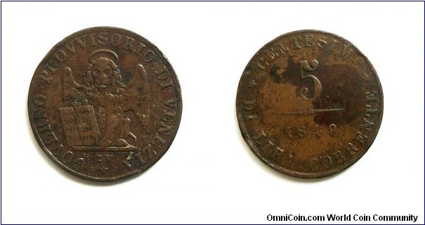Italian States Venice Provisional Government 5 Centemi