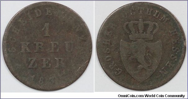 183? German State of Hessen-Darmstadt 1 Kreuzer Ludwig II. Coin issued between 1830-1848