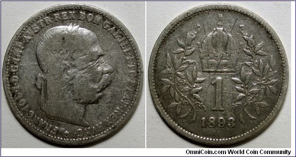 Hungary, 1893 1 Korona, cleaned & scratched, KM#484.