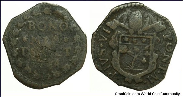 1775-99 Italian State of Bolognia Quattrino Pope Pius VI