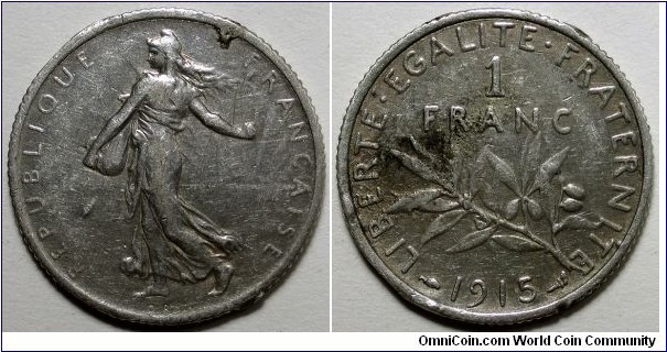 France, 1915 1 Franc, blob of lead on obv., KM#844.