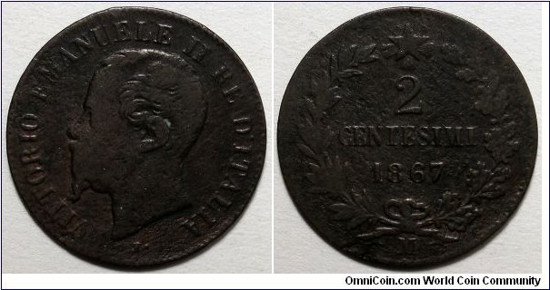 Italy, 1867-M 2 Centesimi, KM#2.1.