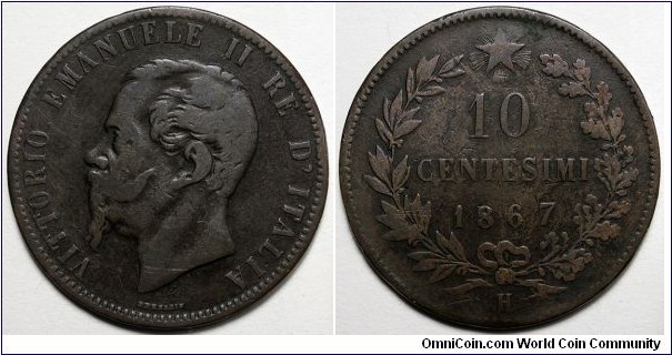Italy, 1867-H 10 Centesimi, KM#11.3.