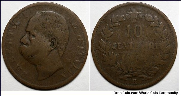 Italy, 1894-R 10 Centesimi, KM#27.2.