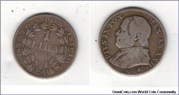 Papal State 1 Lira Pope Pius IX