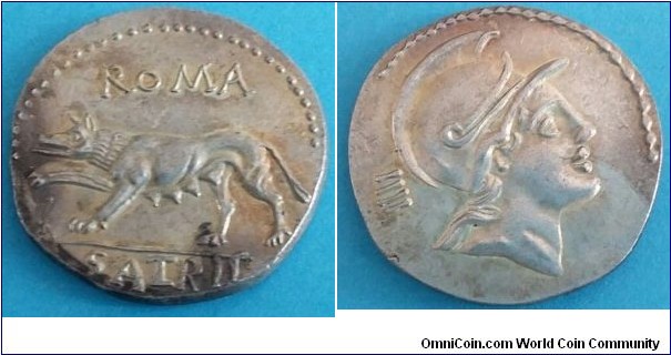 Roman Republic
Denarius
P. Satrienus
Rome mint, 77 BC
ROMA legend above, she-wolf walking left
SATRIE in exergue
Helmetted head of Mars right, numeral behind head