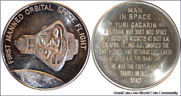 Unk series of space-themed medals -- note the error of putting Gagarin in a US-style capsule rather than a Soviet-style sphere.