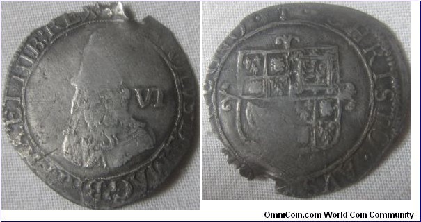 Charles I sixpence, MM sceptre, 1646-48.