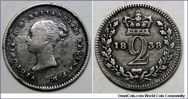 UK, 1838 2 Pence, Maundy Money, cleaned, KM#729.