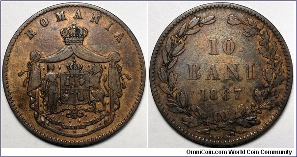 Romania, 1867 Heaton 10 Bani, KM#4.