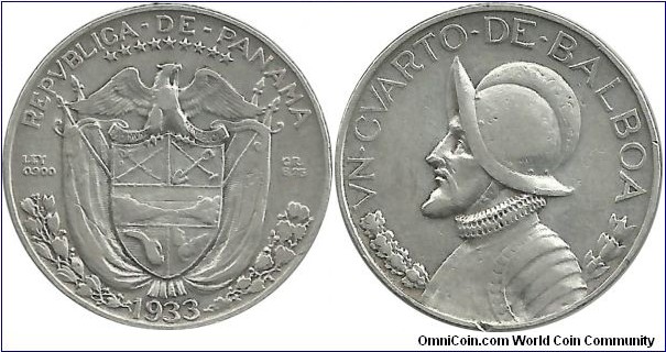 Panama ¼ Balboa 1933 (6.25 g / .900 Ag) (I clean this coin)