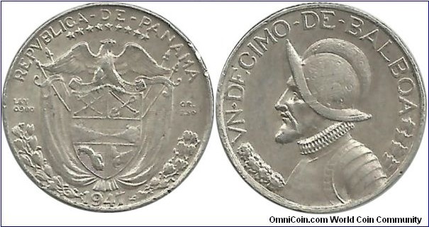 Panama 1 Decimo (2.50 g / .900 Ag) (1/10 Balboa) 1947