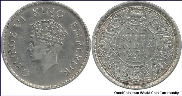 India-British 1 Rupee 1938(B) - (11.66 g / .917 Ag)