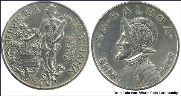 Panama 1 Balboa 1947 (26.73 g / .900 Ag) (I clean this coin)