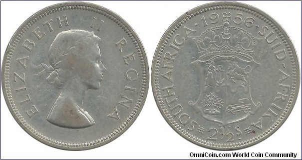 SouthAfrica-British 2½ Shillings 1956 (28.28 g / .500 Ag) (I clean this coin)
