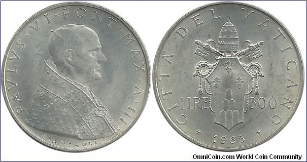 Vatican 500 Lire 1965 (11.00 g / .835 Ag)