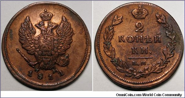 Russia, 1811 EM HM 2 Kopecks, cleaned, C#118.3.