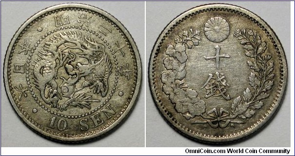 Japan, 1887(20) 10 Sen, cleaned, Y#23.