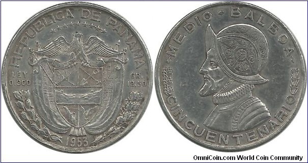 Panama ½ Balboa 1953 - 50th Ann. of  the Republic (12.50 g / .900 Ag) (I clean this coin)