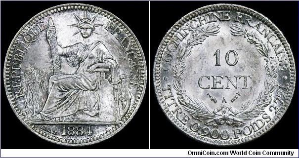 French Cochinchina, 10 Centimes, 1884. Paris mint. Silver. Toned, brilliant uncirculated.