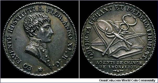 France. Napoleon I (1804-1814, 1815), Premier Consul, Silver Jeton, Agents de Change de Lyon, 1803, by Mercier, bust right, rev open book with caduceus and mirror, 19.16g, 31mm (Br 266; Feu 10764). Edge: Plain, no hallmark. Original strike.