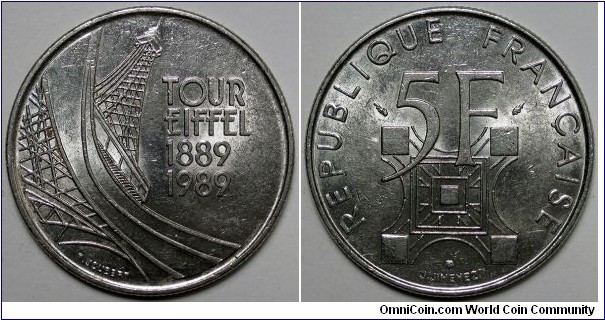 France, 1989 5 Francs, 100th Eiffel tower anniversary, KM#968.