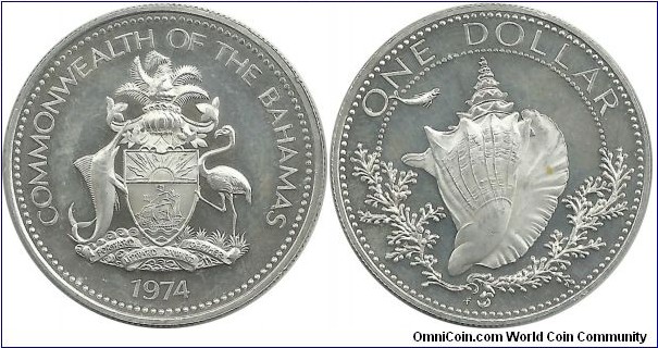 Bahamas 1 Dollar 1974FM(P)  (18.14 g / .800 Ag)