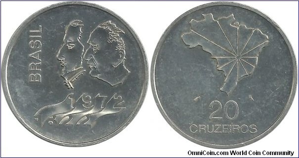 Brasil 20 Cruzeiros 1972(a) - 150th Year of Independence  (18.04 g / .900 Ag)
