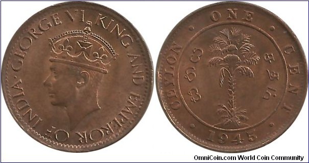 Ceylon-British 1 Cent 1945-thin