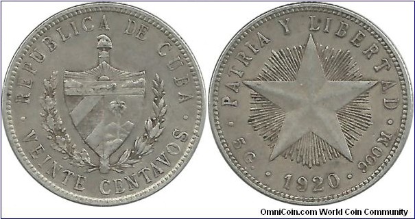 Cuba 20 Centavos 1920  (5.00 g / .900 Ag)