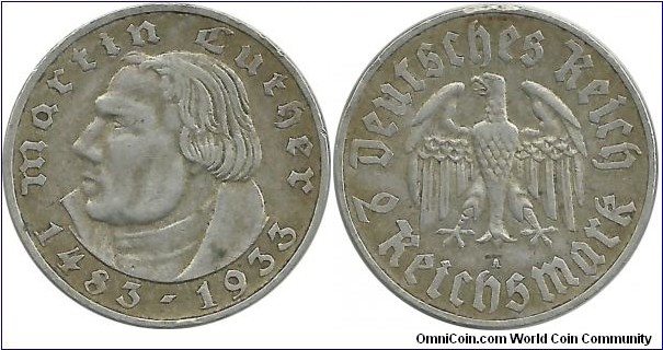 Germany-Nazi 2 Reichsmark 1933A (Martin Luther, 450th Death Ann) (8.00 g / .625 Ag)