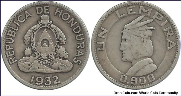 Honduras 1 Lempira 1932  (12.50 g / .900 Ag)