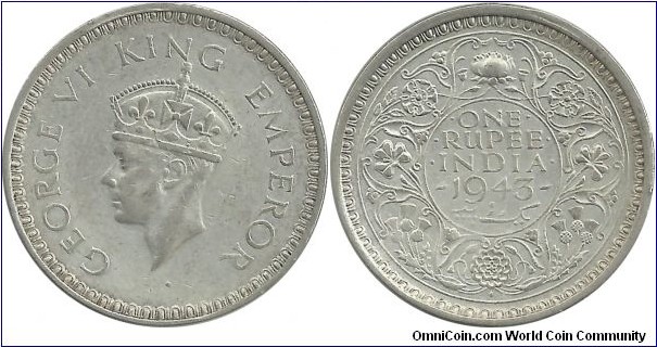 India-British 1 Rupee 1943(B)  (11.66 g / .500 Ag)