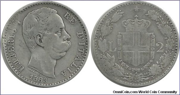 Italy-Kingdom 2 Lire 1883R (there is a loser on the coin) (10.00 g / .835 Ag) (I clean the coin)