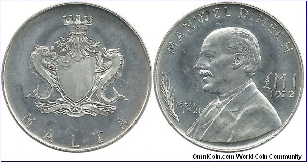 Malta 1 Malta Pound 1972-Manwel Dimech (10.00 g / .987 Ag)