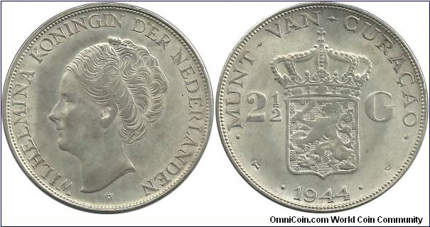 Munt van Curaçao 2½ Gulden 1944D (25.00 g / .720 Ag)