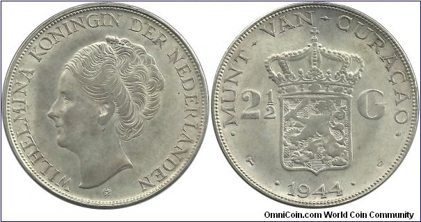 Munt van Curaçao 2½ Gulden 1944D (25.00 g / .720 Ag)