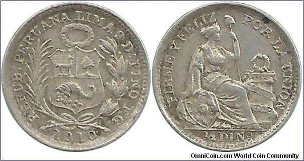 Peru ½ Dinero(5 Centavos) 1910 (1.25 g / .900 Ag)